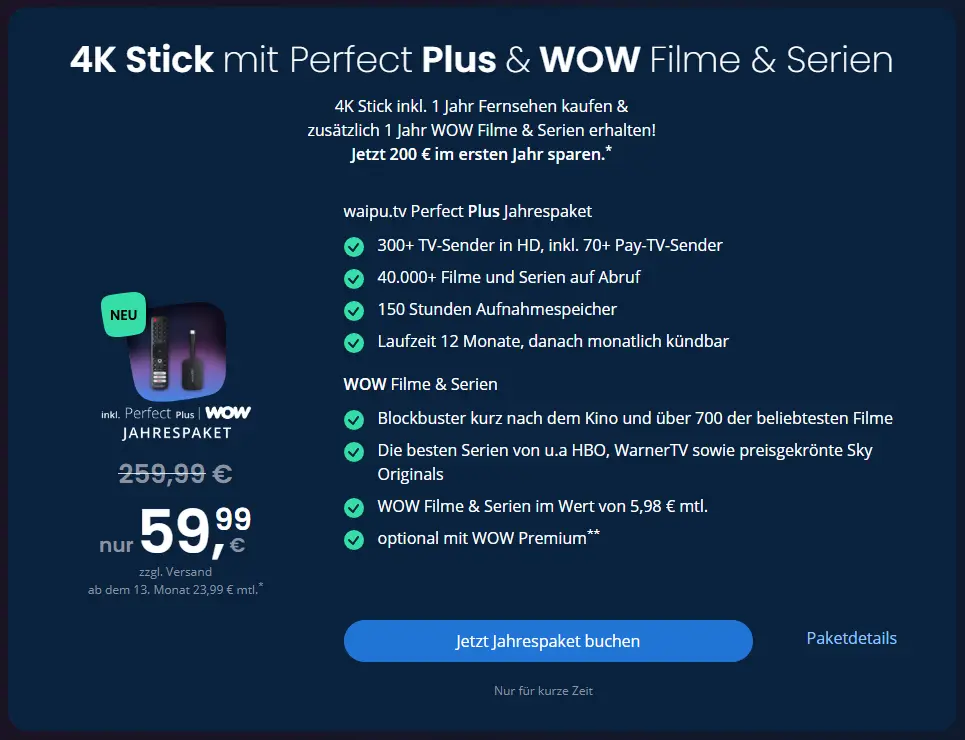 waipu.tv 1 Jahr kostenlos So holen Sie sich den 4K Stick & WOW dazu