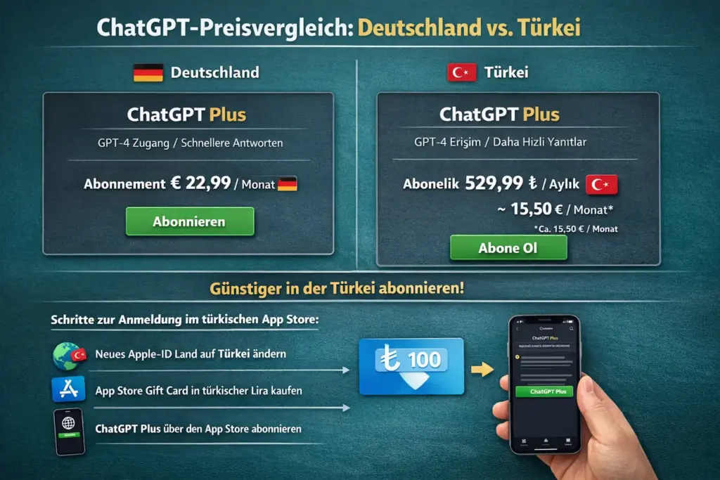 ChatGPT Preisvergleichs DE vs. TR ChatGPT Plus guenstiger Tuerkei App Store Anleitung ChatGPT Preisvergleichs DE vs. TR ChatGPT Plus günstiger Türkei App Store Anleitung