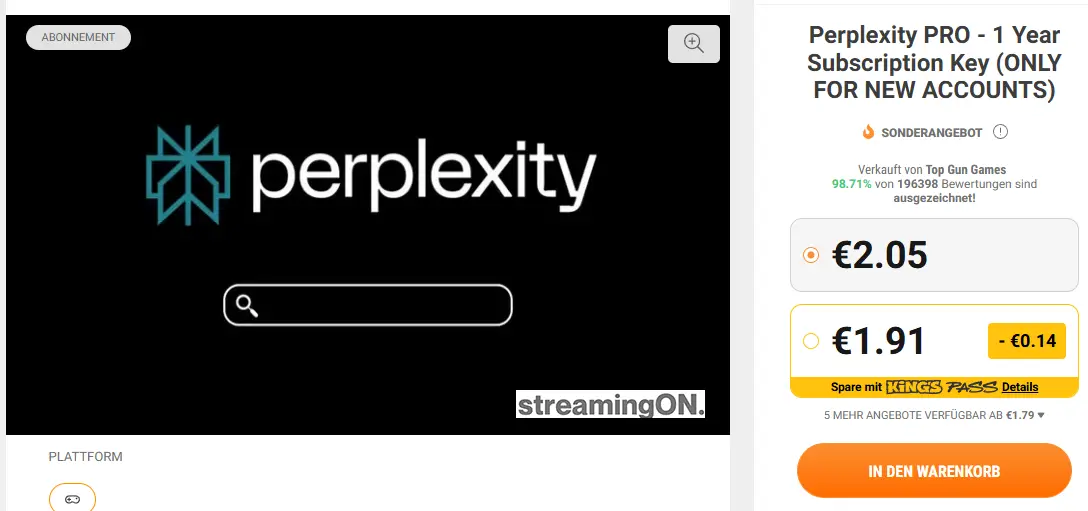 Perplexity Pro Reseller Key günstig Neukunden Kinguin kaufen