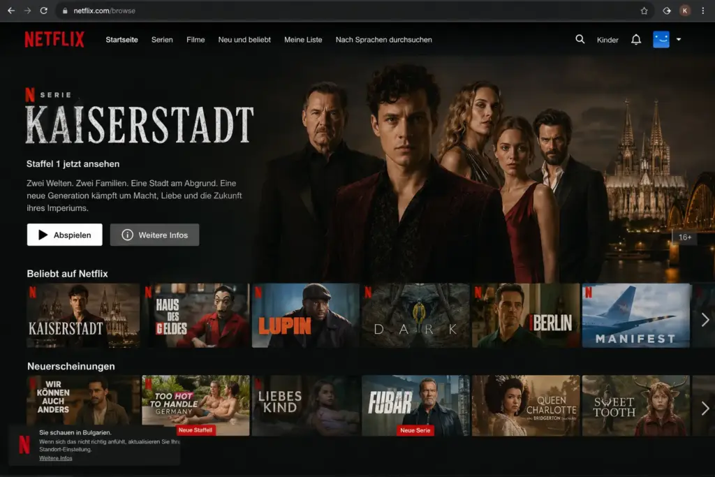 Netflix Startseite mit deutschem Inhalt nach bulgarischer Registrierung