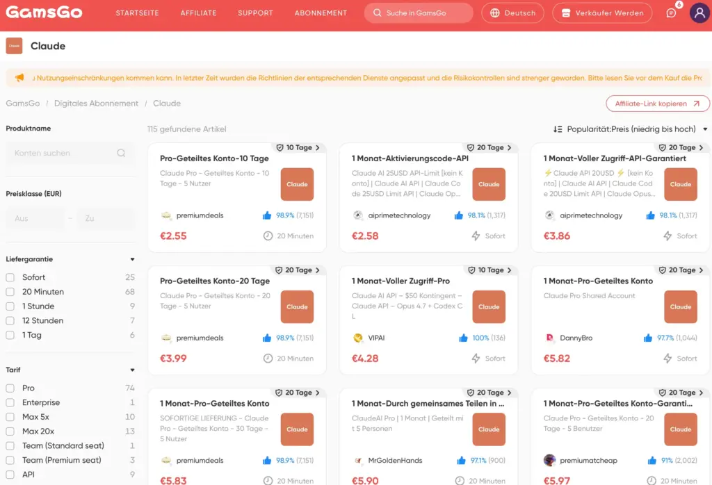 GamsGo Marketplace Claude Angebotsseite – verschiedene guenstige Claude Zugaenge im Ueberblick GamsGo Marketplace Claude Angebotsseite – verschiedene günstige Claude Zugänge im Überblick