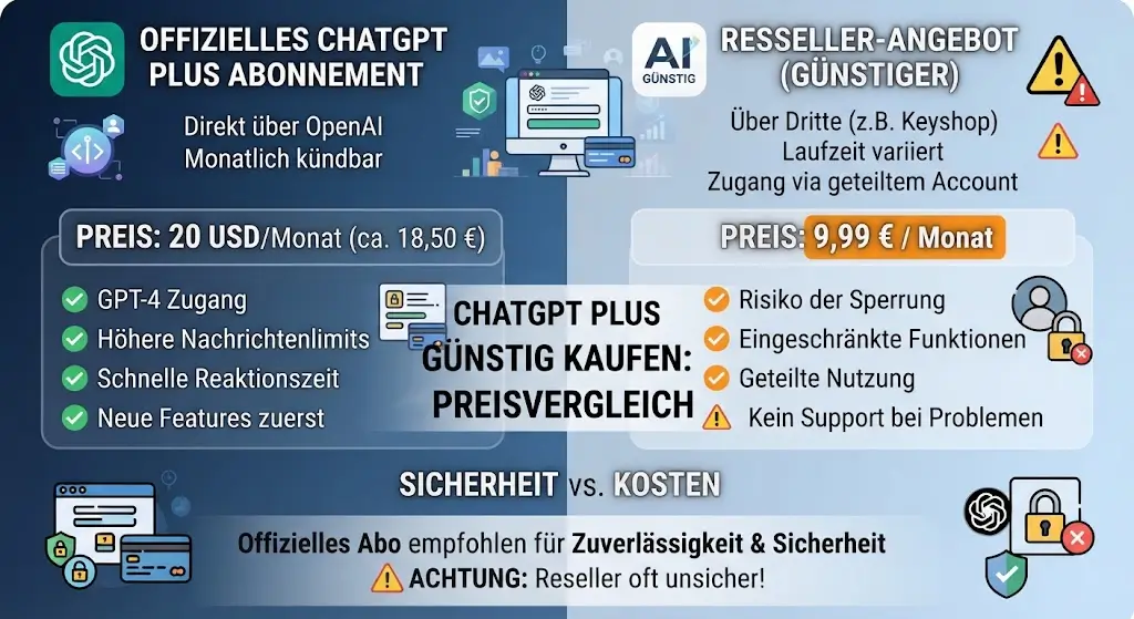 ChatGPT Plus günstig kaufen, Preisvergleich offizielles Abo gegen Reseller Angebot